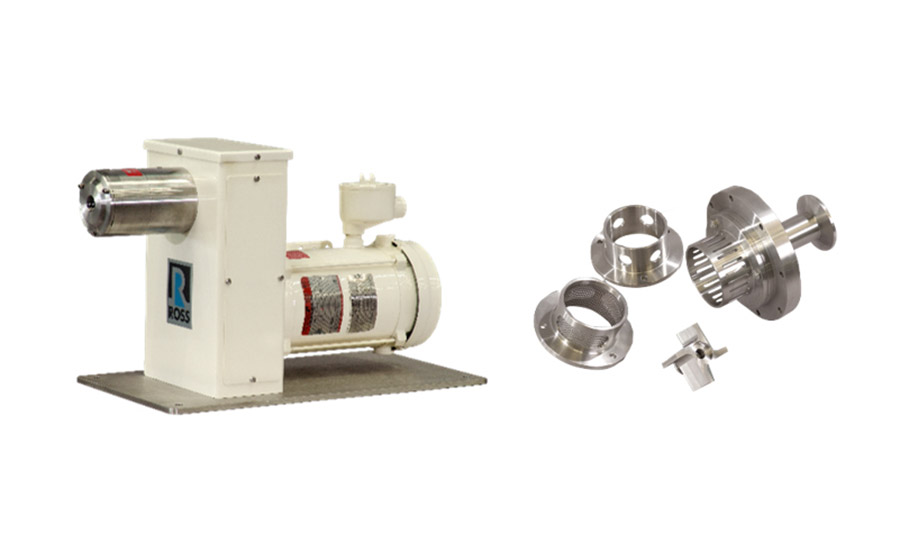 The ROSS Inline High Shear Mixer model HSM-400DLA and Standard Inline Rotor/Stator heads: slotted, fine screen and round hole.