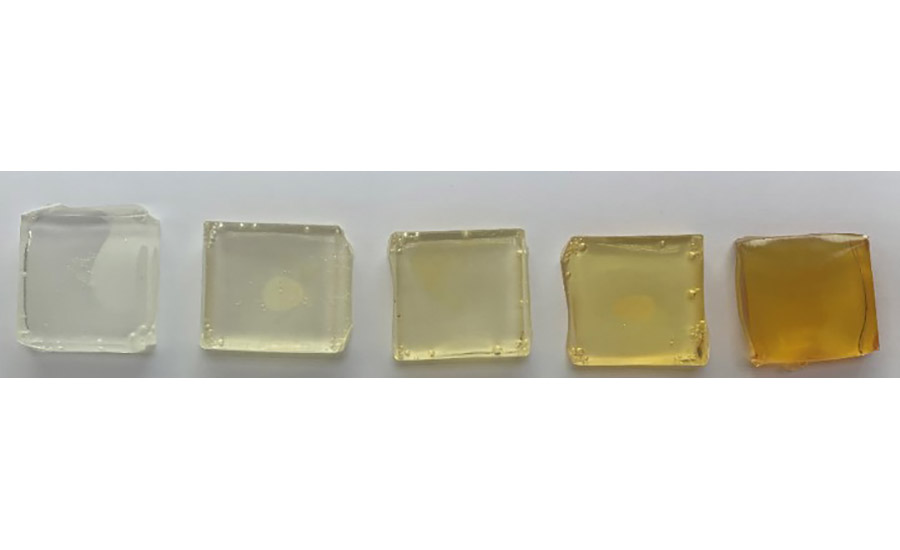 Color evolution of the SEBS-based hot melt adhesive over time and at a temperature of 177 °C (accelerated aging).