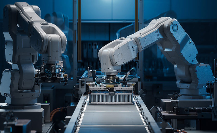 manufacturing robots on an assembly line